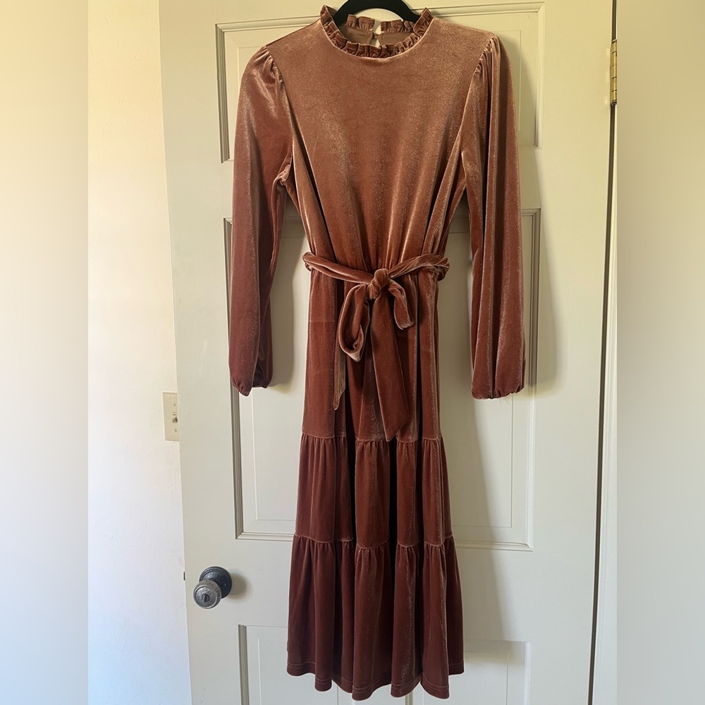 Rust Velvet Long-Sleeve Tiered Maxi Dress with Waist Tie